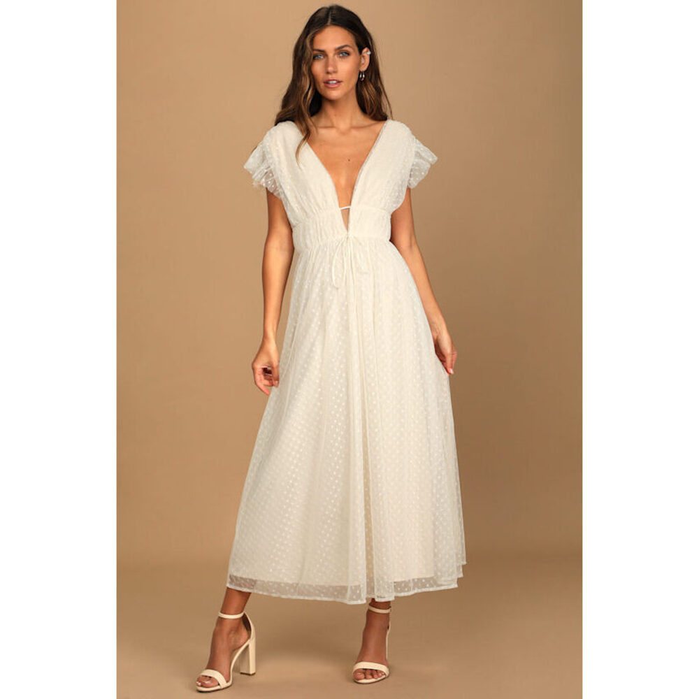 Lulus Yours Evermore Cream Swiss Dot Ruffled Midi Dress White - Size XL